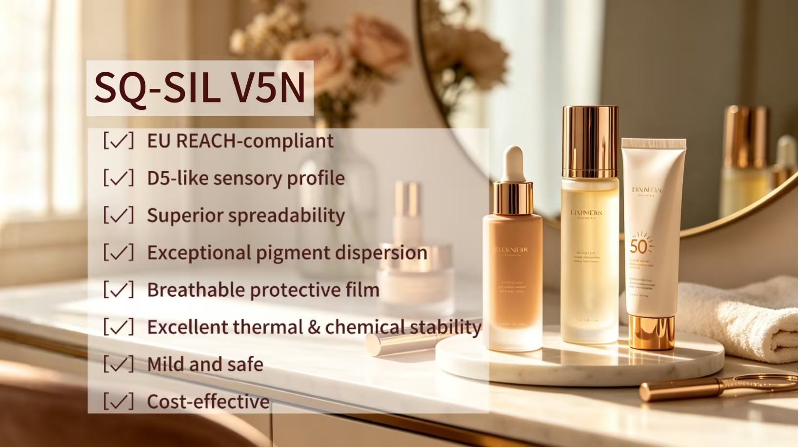 SQ-SIL V5N: Pengganti D5 yang Hemat Biaya dan Sesuai REACH UE yang Mengungguli Dimethicone 1,5cst